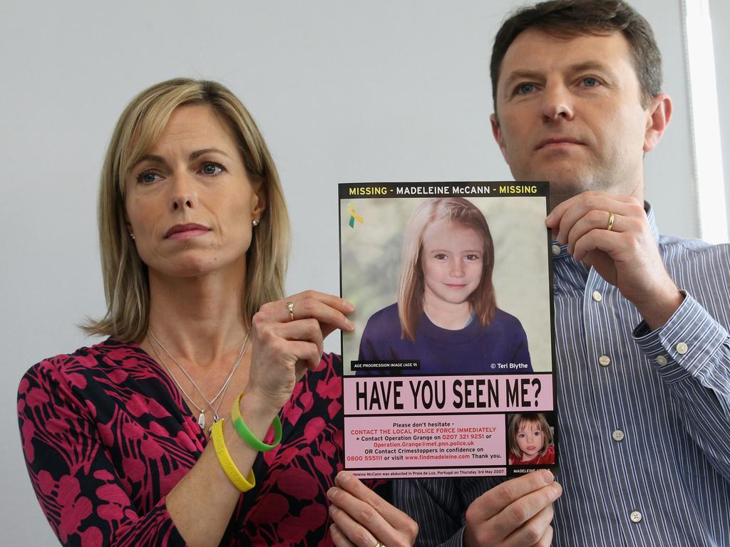 Kate and Gerry McCann hold an age-progressed police image of their daughter during a news conference to mark the 5th anniversary of her disappearance on May 2, 2012. Picture: Dan Kitwood/Getty Images