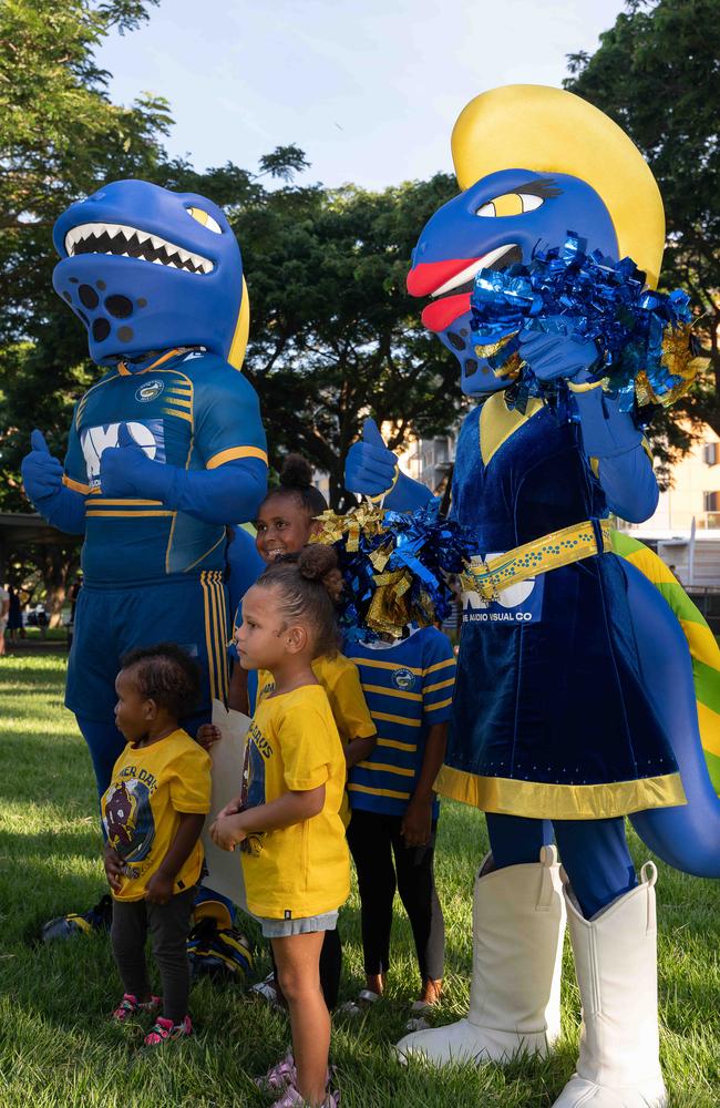 Young Eels fans swarm to take pictures with the Parramatta mascots at the Darwin Waterfront. Picture: Pema Tamang Pakhrin