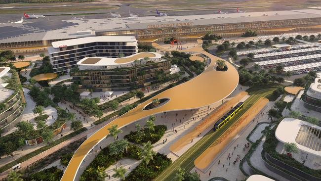 Artist impression of the Gold Coast Airport masterplan, which features new hotels, a light rail connection and retail precinct. Picture: Supplied