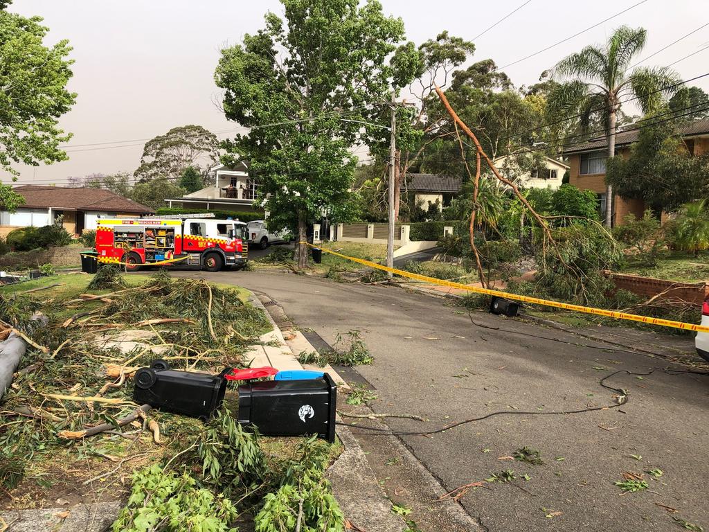 A man had to be rescued from his car, parked in his driveway in Rupari Pl, Davidson, after live powerlines, brought down by falling trees, fell across it during the storm. Picture: Jim O'Rourke.