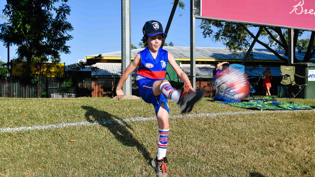 Jaxon Royal shows off his own skills at the Gold Coast Suns match vs Western Bulldogs at TIO Stadium. Picture: Pema Tamang Pakhrin