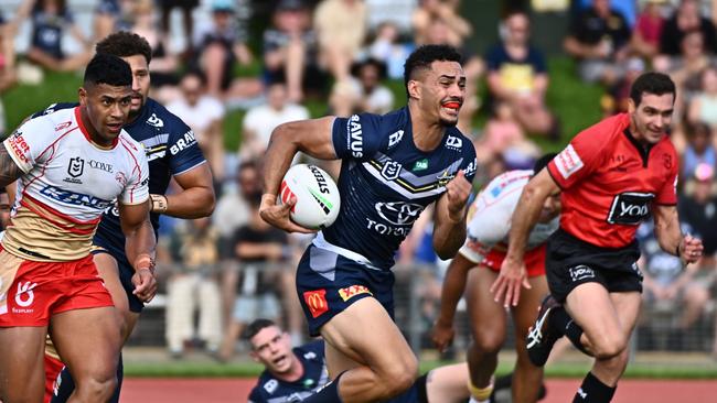 //Robert Derby of the Cowboys runs upfield during the NRL Trial Match between North Queensland Cowboys and Dolphins at Barlow Park on February 12, 2023 in Cairns, Australia. (Photo by Emily Barker/Getty Images)