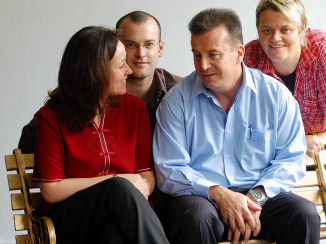 Alicia Talbert, Simon Wellington, MP Tony Stewart and Jessie Deane at a State Government funding announcement for the Urban Theatre Project in Sydney in 2004. Picture: Charlie Steell