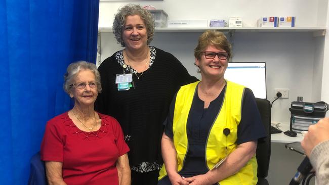 FIRST JAB: Fay Birney, 83, was delighted to be the first person to receive a COVID-19 Jab at the NNSWLHD's new clinic at Lismore Square. L-R Ms Birney, Lismore Base Hospital Clinic and Lismore Square Clinic Manager, Sandra Vidler and nurse Schipanski. Photo: Alison Paterson