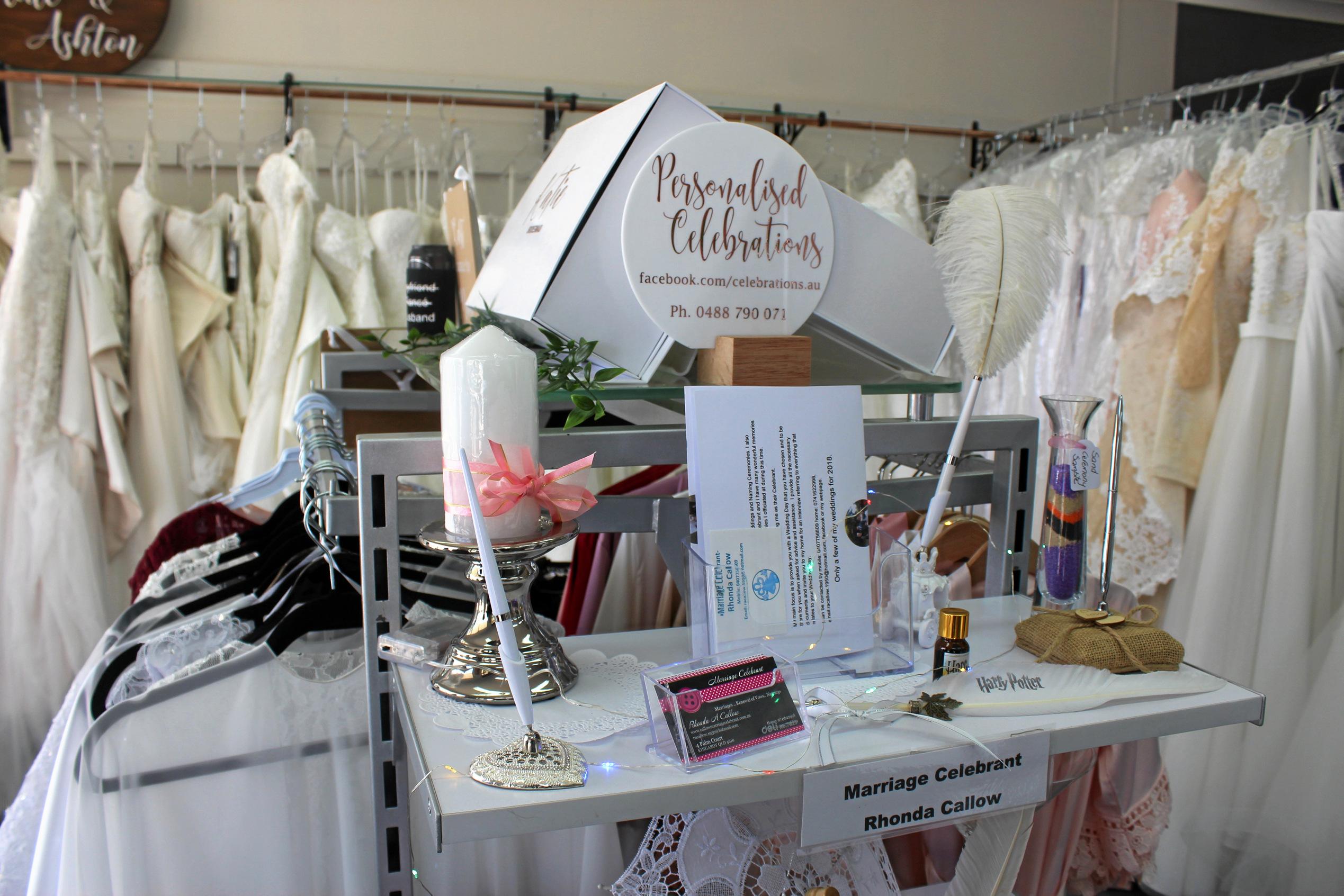 Wedding celebrant Rhonda Callow's services on display inside the showroom. Picture: Laura Blackmore