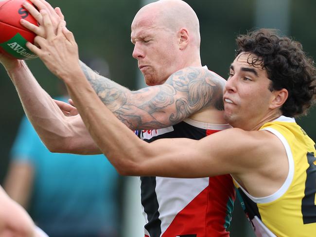 St Kilda training at Maroochydore.  23/09/2020.  Zac Jones and Jack Bell of the Saints   at training today   . Pic: Michael Klein