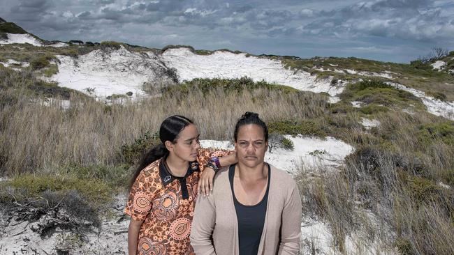 Teneille Nuggins, a member of the Dingaal Warra clan, with daughter Phonex, left, says many native title holders were unaware of the mining project until 2020, years after deals were done by Diatreme. Picture: Brian Cassey