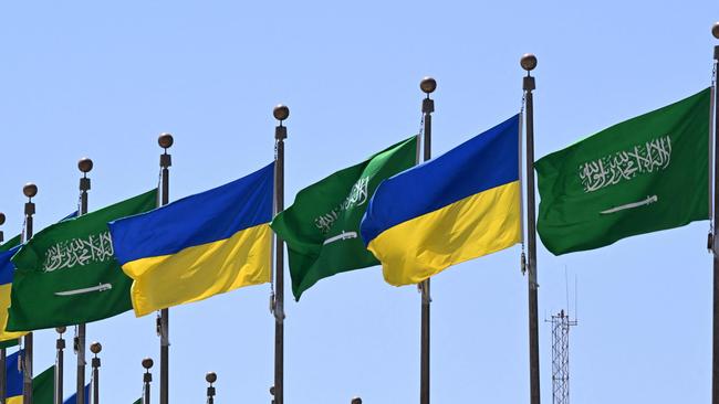 Flags of Saudi Arabia and Ukraine line the King Abdulaziz Road in the Saudi Red Sea port city of Jeddah ahead of a visit by the Ukrainian President. Picture: AFP