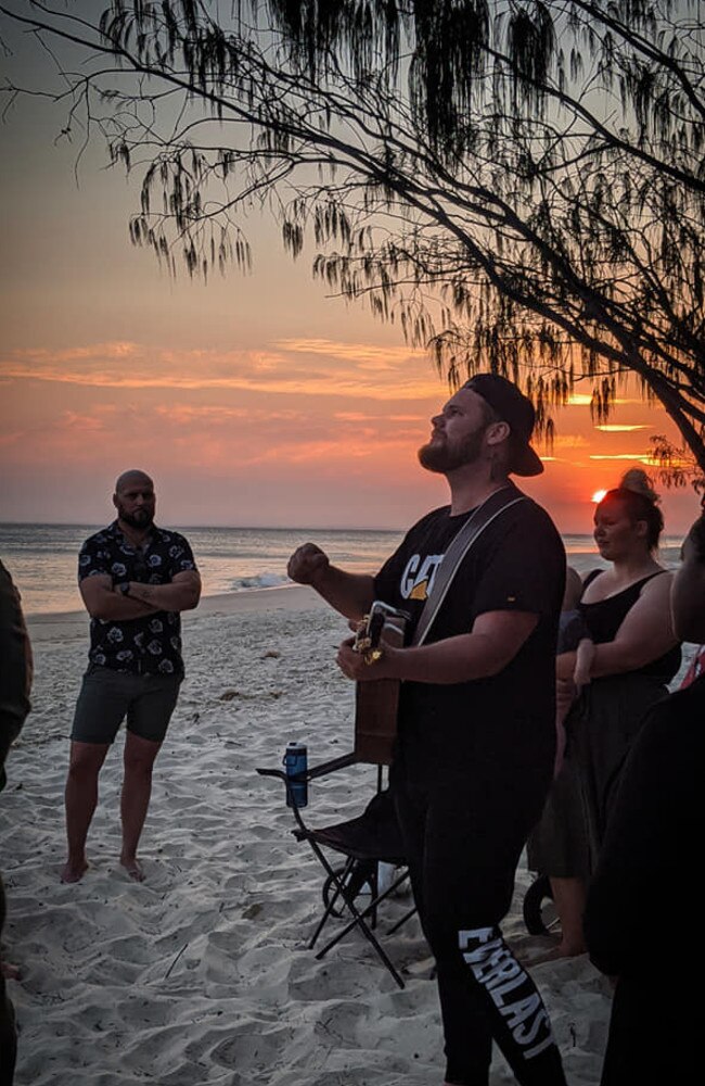 Friends and family gather at Bribie Island to celebrate the life of Luke Jay Kenworthy, who died after an alleged altercation at the Sundowner Hotel in Caboolture last week. Picture: Essie Scarlett