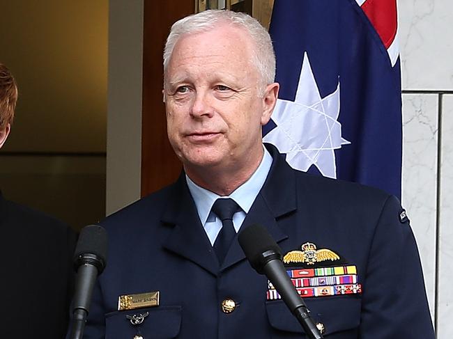 Current Chief of Army Lieutenant General Angus Campbell is announced by PM Malcolm Turnbull as the next Chief of the Defence Force with Defence Minister Marise Payne and current Chief of the Defence Force Air Chief Marshal Mark Binskin at a press conference, Parliament House in Canberra. Picture Kym Smith