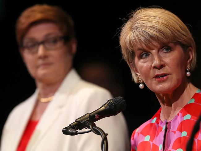 Australian Minister for Foreign Affairs Julie Bishop and Australian Minister for Defence Marise Payne (L) at the press conference. Picture: Getty Images