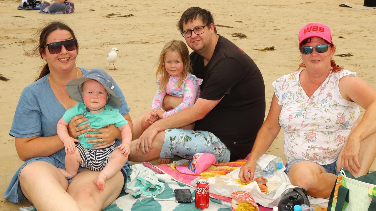 Casey and Sean Cooper with their children Oliver, 7 months and Charlotte, 3, and grand mother Sharon Whitford enjoying Boxing Day 2024 at Fishos Torquay. Picture: Alison Wynd