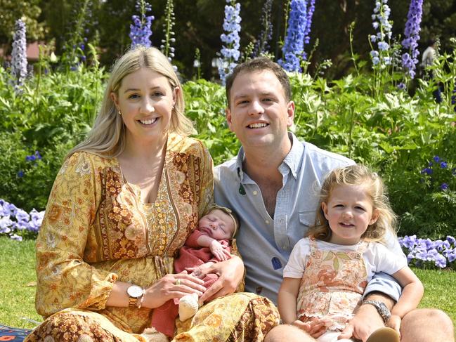 Father's Day Toowoomba. Matthew and Abbey Boulus with daughters Charlotte and 10-day-old Sophie.