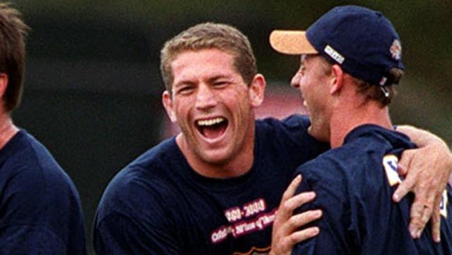 Bryan Fletcher and Scott Hill share a laugh at NSW State of Origin training at Woollahra Oval, Sydney. Picture: Gregg Porteous.