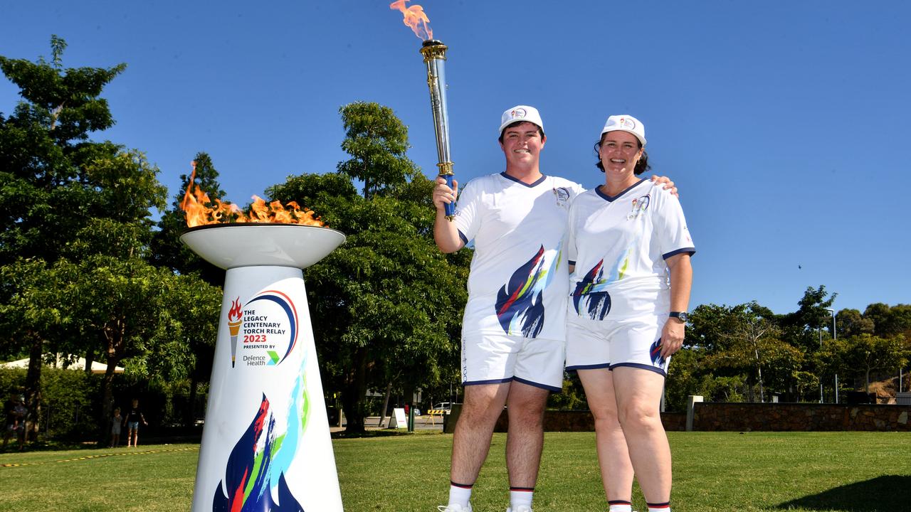 Legacy Centenary Torch Relay and community day at Jezzine Barracks. Torch bearers Mitchell Bingley and his mum Melissa Bingley. Picture: Evan Morgan