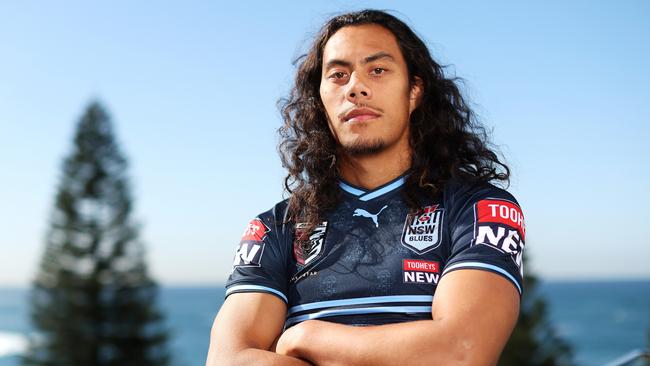 Penrith’s Jarome Luai modelling the navy strip. (Photo by Mark Kolbe/Getty Images)