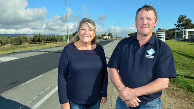 The Main South Road Action Group vice chairman Cheryl Batic and chairman Craig Curtis on the section of Main South road near Aldinga in 2017. Picture: Mark Brake