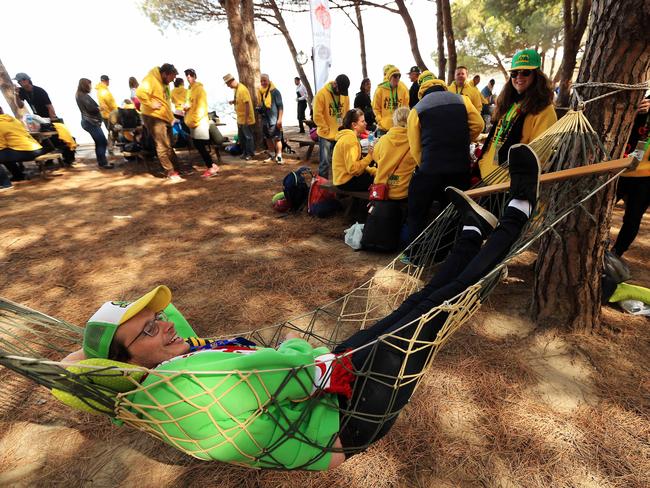 Josh Matthews takes a rest in a hammock at Mimosa before moving to the Anzac Commemorative Site. Picture: Sam Ruttyn