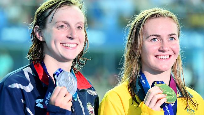 US star Katie Ledecky (left) with Australian arch-rival Ariarne Titmus after Titmus won gold and Ledecky silver in the 400m freestyle at last year’s world championships. Picture: Getty Images