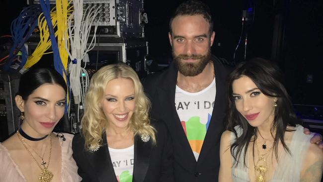 Lisa Origliasso, Kylie Minogue, Joshua Sasse and Jessica Origliasso backstage at the ARIA Awards. Picture: Supplied