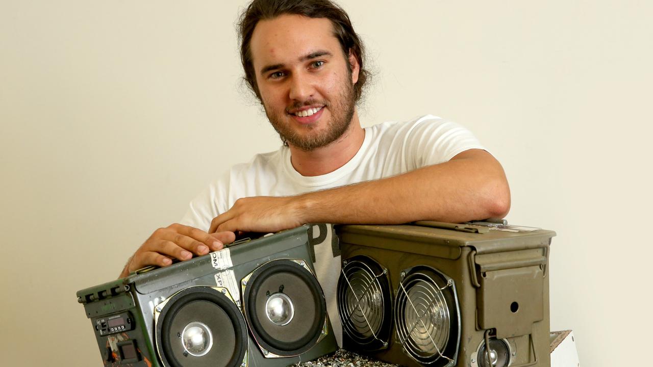 Bradley Clair with Amplify Speakers, made from recycled speakers, batteries and ammunition boxes from Substation 33, Kingston. Picture: Richard Walker