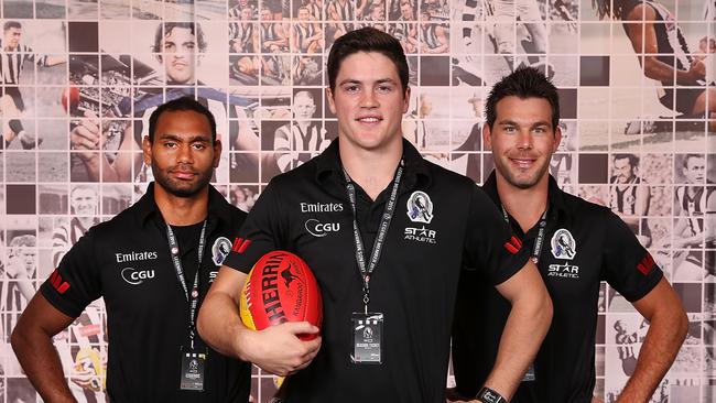 Collingwood 2015 recruits (from left) Travis Varcoe, Jack Crisp and Levi Greenwood. Picture: Michael Dodge/Getty Images