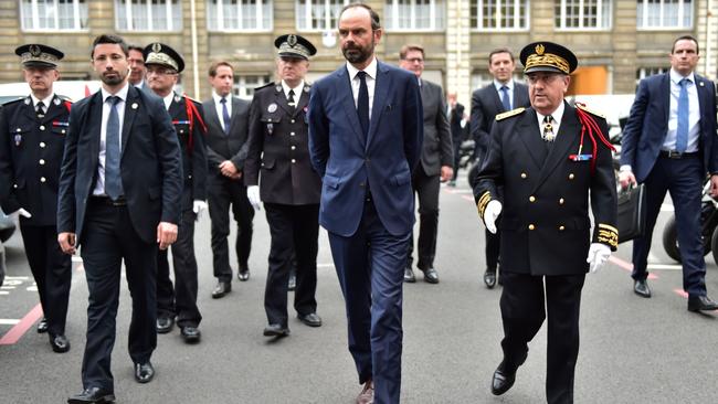 French Prime Minister Edouard Philippe, centre, in Paris. Picture: AFP