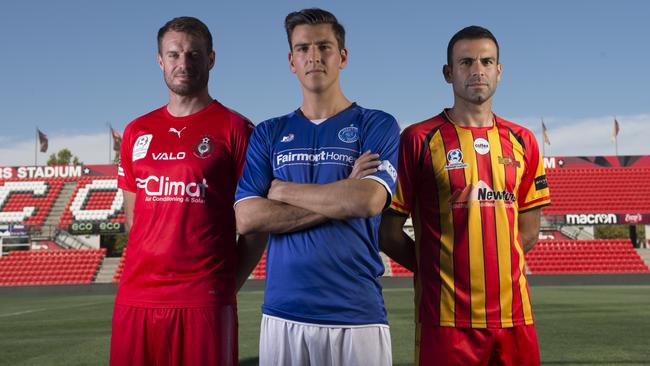 Captains Iain Fyfe (Campbelltown City), Chris Annicchiarico (Adelaide Blue Eagles) and Michael D’Aloisio (MetroStars). Picture: Naomi Jellicoe