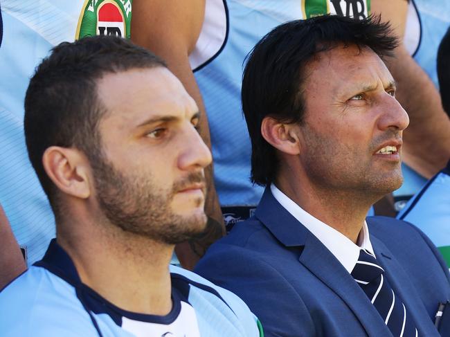 COFFS HARBOUR, AUSTRALIA - MAY 24: (L-R) Robbie Farah of the Blues, Blues head coach Laurey Daley and Paul Gallen of the Blues pose during a New South Wales Blues NRL State of Origin team photo session at The Novatel on May 24, 2016 in Coffs Harbour, Australia. (Photo by Matt King/Getty Images)