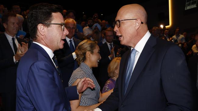 Nationals leader David Littleproud shakes hands with Peter Dutton at the Liberal Party campaign launch in western Sydney last month. Picture: Richard Dobson / NewsWire