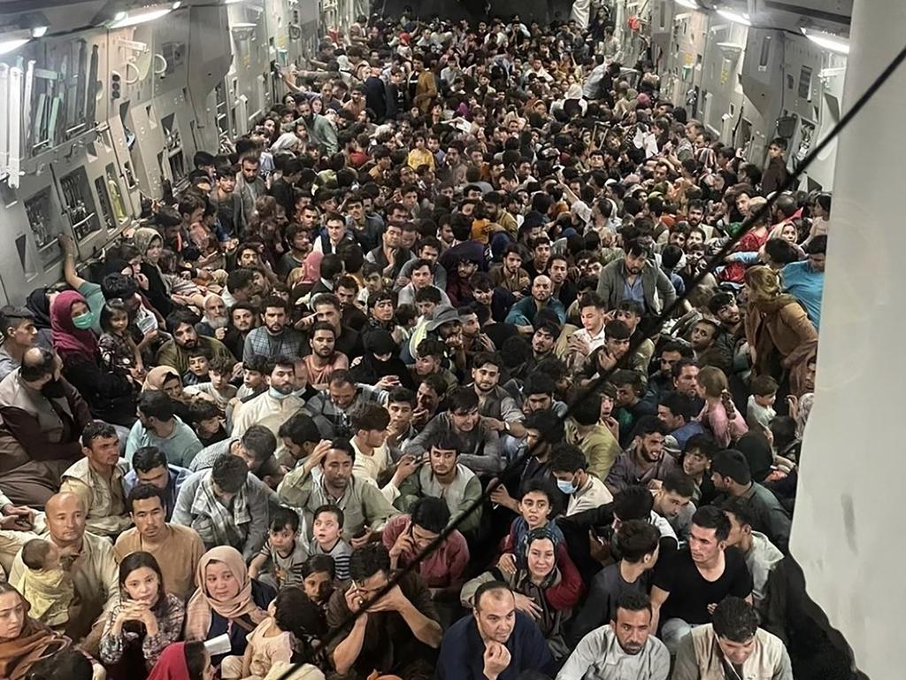 A US Air Force C-17 Globemaster III flown from Kabul to Qatar on August 15, 2021 evacuated 640 people. Picture: US Air Force/AFP