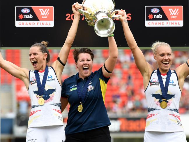 Adelaide Crows premiership coach Bec Goddard with Chelsea Randall and Erin Phillips.