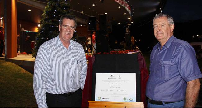 Federal Senator Mark Furner and Mayor Ron Dyne open the soundshell roof at Nelson Reserve. Picture: Contributed