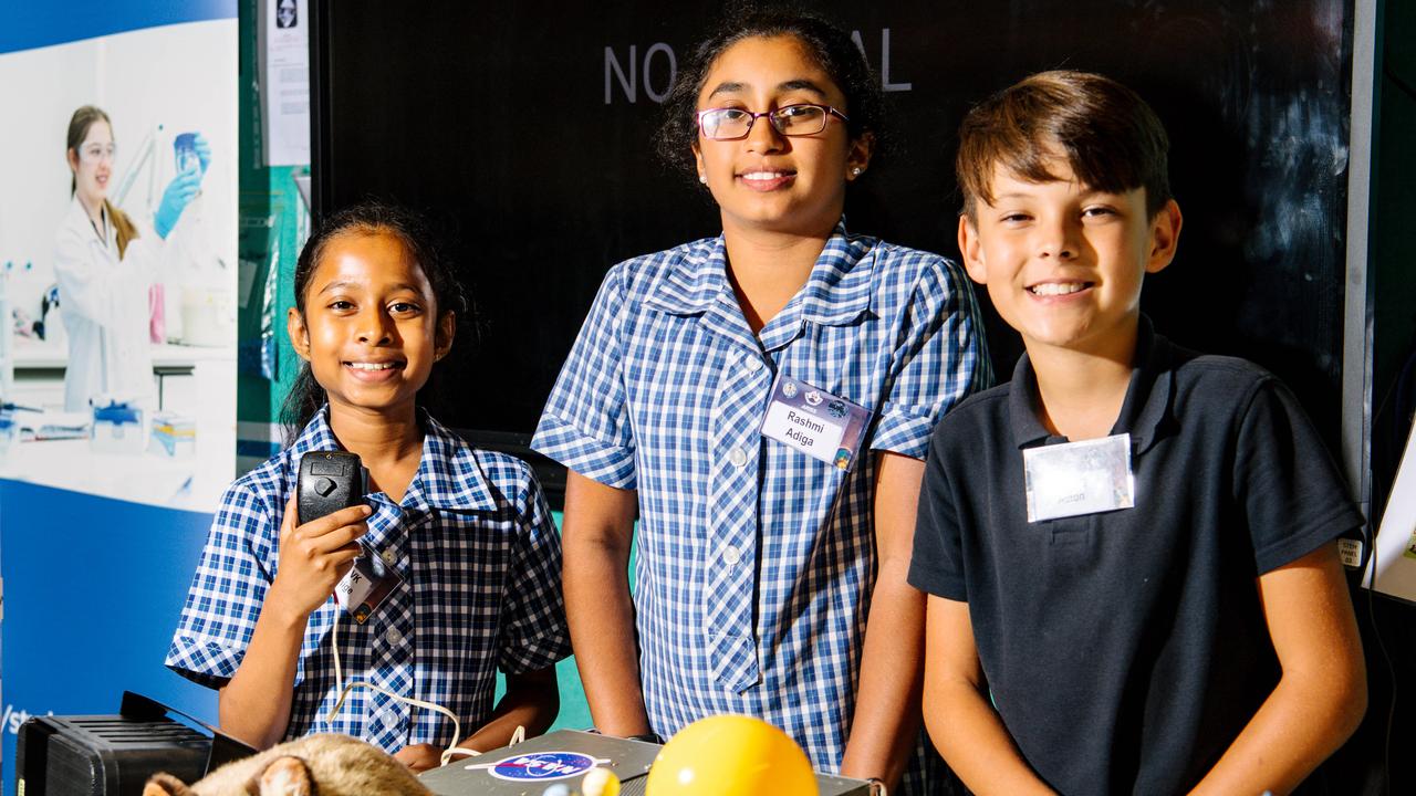 Mawson Lakes Primary School students Venuki Arachchige, 9, Rashmi Adiga, 11, and Zachary Auton, 11. Picture: Morgan Sette