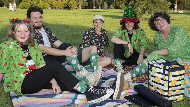 (From left) Henrietta Cullin-Willy, Elliott Pflaum, Jasmin McLean, Miniver Cullin and Marcella Cullin. Triple M Mayoral Carols by Candlelight. Sunday 8th December, 2024. Picture: Nev Madsen.