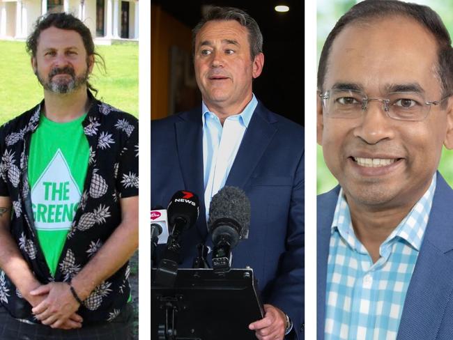 Rockdale candidates (L-R) The Greens Peter Strong, Labor MP Steve Kamper and Liberal Muhammad Rana in NSW election 2023.