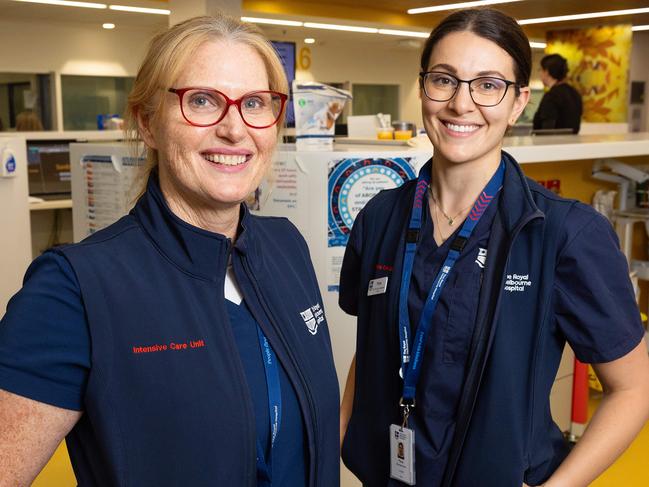 MELBOURNE, NOVEMBER 15, 2024: Royal Melbourne Hospital ICU nurses Sally Neilson and Flora Markogiannakis work their 12 hour shift in Pod A. Picture: Mark Stewart