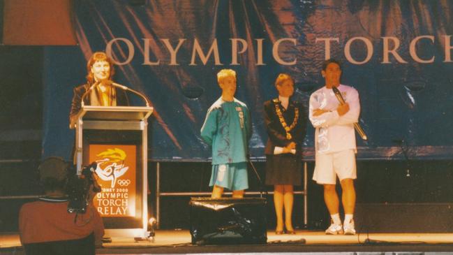 Parramatta councillor Lorraine Wearne (third from left) and rugby league player Brad Fittler ahead of lighting the cauldron at Parramatta Park on September 12, 2000. Picture: City of Parramatta