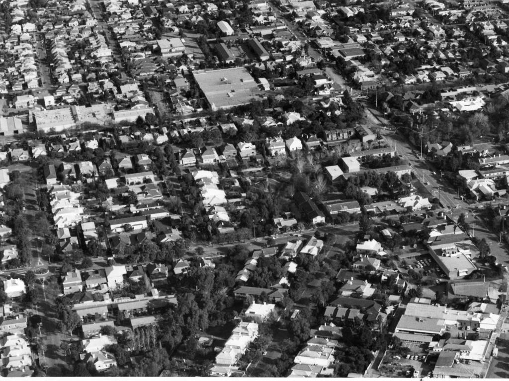 Aerial view showing roadworks on King William Rd on July 30, 1985. Source: File