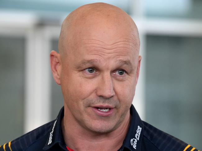 Adelaide Crows Matthew Nicks press conference at Adelaide airport prior to the team flying out to Sydney. 23 August 2024. Picture Dean Martin