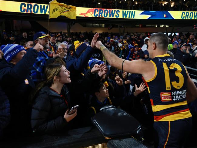 ADELAIDE, AUSTRALIA - JUNE 29: Taylor Walker of the Crows celebrates their win during the 2024 AFL Round 16 match between the Adelaide Crows and the GWS GIANTS at Adelaide Oval on June 29, 2024 in Adelaide, Australia. (Photo by James Elsby/AFL Photos via Getty Images)