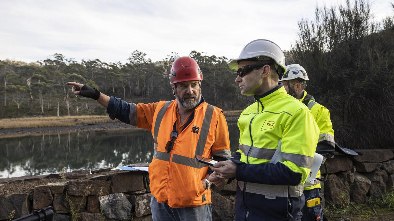 Removal of rock on the Tasman Highway near Orford. Picture ABC News Luke Bowden