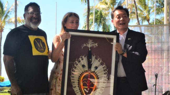 The mayor of Townsville’s sister city Suwon, Lee Jae-jun, is visiting from South Korea. He’s pictured with cultural facilitator Genus Passi and Townsville mayor Jenny Hill. Picture: Natasha Emeck