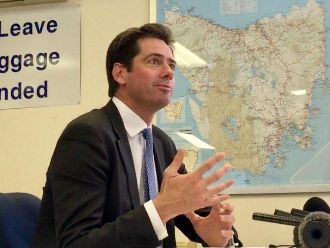 AFL CEO Gillon McLachlan talking about Tasmania’s football prospects while on a whirlwind visit to Devonport last week for TSL crisis talks. Picture: CHRIS KIDD