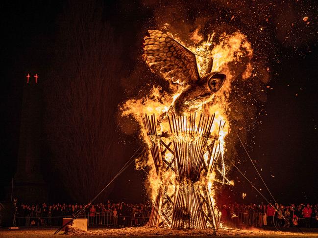 The Ogoh-Ogoh, Olivia the Tasmanian masked owl, is set alight. Picture: Linda Higginson