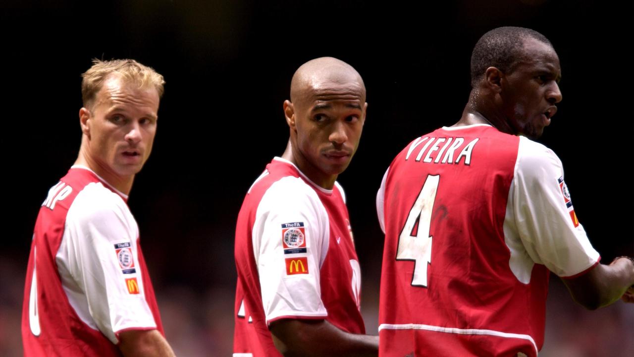 Arsenal legends Dennis Bergkamp, Thierry Henry and Patrick Vieira. (Photo by Matthew Ashton/EMPICS via Getty Images)