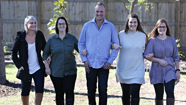 The Lawton and Burrows' families together — from left Amanda Lawton, Glenda Brinckman, Jayden Burrows and Karla McMaster and Melissa Lawton. Picture: Annette Dew