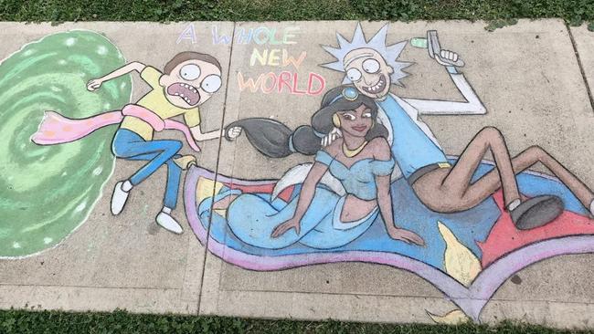 Ms Romanczukiewicz said this piece featuring Rick and Morty and Disney’s Princess Jasmine showed how much the world had changed. Picture: Facebook