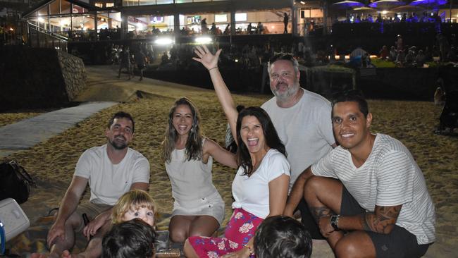 (No surnames given) Gustavo, Karol, Natasha, Nick and Mike, with children Leo, Luca and Maya celebrating New Year's Eve 2022 at Mooloolaba. Photo: Elizabeth Neil