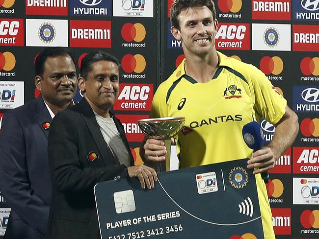 CHENNAI, INDIA - MARCH 22: Mitchell Marsh of Australia receives player of series awards during game three of the One Day International series between India and Australia at MA Chidambaram Stadium, on March 22, 2023 in Chennai, India. (Photo by Pankaj Nangia/Getty Images)